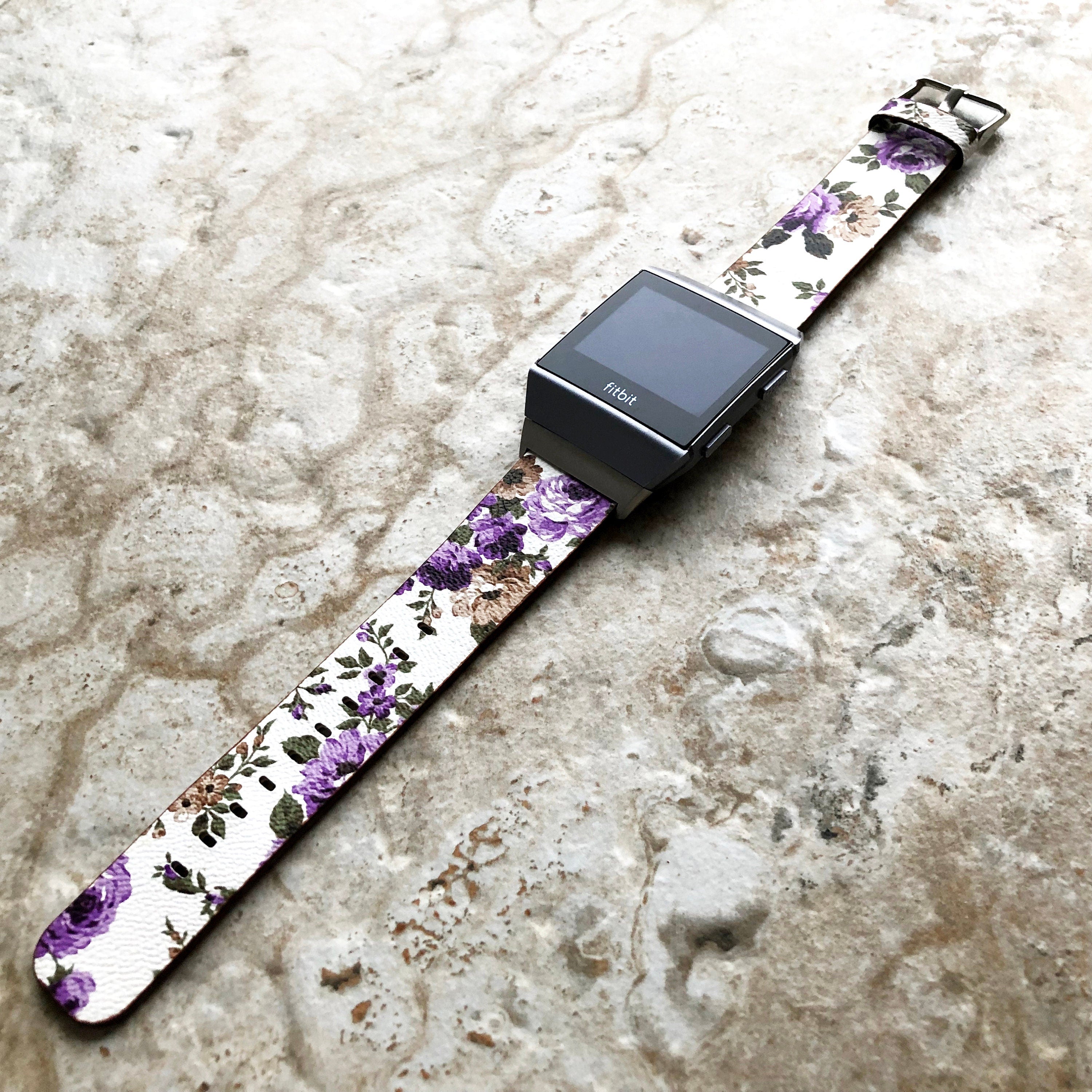 Fitbit Ionic Purple Floral FL-4 Soft Leather Band Strap for Watch Band Strap with Quick Release Adapters in Silver Rose Gold Black